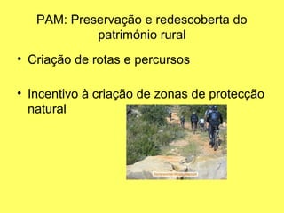 PAM: Preservação e redescoberta do
património rural
• Criação de rotas e percursos
• Incentivo à criação de zonas de protecção
natural

 