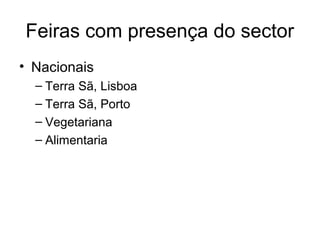 Feiras com presença do sector
• Nacionais
– Terra Sã, Lisboa
– Terra Sã, Porto
– Vegetariana
– Alimentaria

 