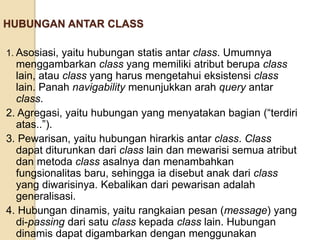 HUBUNGAN ANTAR CLASS
1. Asosiasi, yaitu hubungan statis antar class. Umumnya
menggambarkan class yang memiliki atribut berupa class
lain, atau class yang harus mengetahui eksistensi class
lain. Panah navigability menunjukkan arah query antar
class.
2. Agregasi, yaitu hubungan yang menyatakan bagian (“terdiri
atas..”).
3. Pewarisan, yaitu hubungan hirarkis antar class. Class
dapat diturunkan dari class lain dan mewarisi semua atribut
dan metoda class asalnya dan menambahkan
fungsionalitas baru, sehingga ia disebut anak dari class
yang diwarisinya. Kebalikan dari pewarisan adalah
generalisasi.
4. Hubungan dinamis, yaitu rangkaian pesan (message) yang
di-passing dari satu class kepada class lain. Hubungan
dinamis dapat digambarkan dengan menggunakan
 