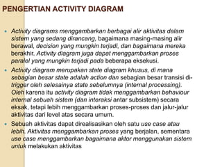 PENGERTIAN ACTIVITY DIAGRAM
 Activity diagrams menggambarkan berbagai alir aktivitas dalam
sistem yang sedang dirancang, bagaimana masing-masing alir
berawal, decision yang mungkin terjadi, dan bagaimana mereka
berakhir. Activity diagram juga dapat menggambarkan proses
paralel yang mungkin terjadi pada beberapa eksekusi.
 Activity diagram merupakan state diagram khusus, di mana
sebagian besar state adalah action dan sebagian besar transisi di-
trigger oleh selesainya state sebelumnya (internal processing).
Oleh karena itu activity diagram tidak menggambarkan behaviour
internal sebuah sistem (dan interaksi antar subsistem) secara
eksak, tetapi lebih menggambarkan proses-proses dan jalur-jalur
aktivitas dari level atas secara umum.
 Sebuah aktivitas dapat direalisasikan oleh satu use case atau
lebih. Aktivitas menggambarkan proses yang berjalan, sementara
use case menggambarkan bagaimana aktor menggunakan sistem
untuk melakukan aktivitas
 