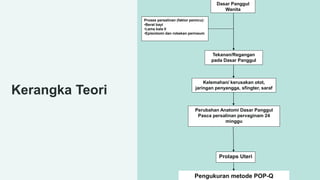 Kerangka Teori
Dasar Panggul
Wanita
Proses persalinan (faktor pemicu):
•Berat bayi
•Lama kala II
•Episiotomi dan robekan perineum
Kelemahan/ kerusakan otot,
jaringan penyangga, sfingter, saraf
Perubahan Anatomi Dasar Panggul
Pasca persalinan pervaginam 24
minggu
Prolaps Uteri
Tekanan/Regangan
pada Dasar Panggul
Pengukuran metode POP-Q
 