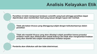 v
Analisis Kelayakan Etik
Penelitian ini telah mempunyai landasan scientific yang kuat sehingga penelitian dapat
diperkirakan akan memberikan hasil yang sesuai dengan tujuan dan manfaat.
Tidak ada beban khusus yang ditanggung subjek dengan keikutsertaannya dalam
penelitian
Tidak ada masalah khusus yang akan dihadapi subjek penelitian karena prosedur
tindakan medis akan dilaksanakan sebaik-baiknya dan tidak akan menghambat tindakan
yang akan diambil bila subjek membutuhkan tindakan lanjutan
Penderita akan dilakukan adil dan tidak diskriminasi.
 