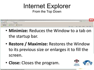 Internet Explorer
From the Top Down
• Minimize: Reduces the Window to a tab on
the startup bar.
• Restore / Maximize: Restores the Window
to its previous size or enlarges it to fill the
screen.
• Close: Closes the program.
 