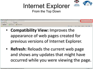 Internet Explorer
From the Top Down
• Compatibility View: Improves the
appearance of web pages created for
previous versions of Internet Explorer.
• Refresh: Reloads the current web page
and shows any updates that might have
occurred while you were viewing the page.
 