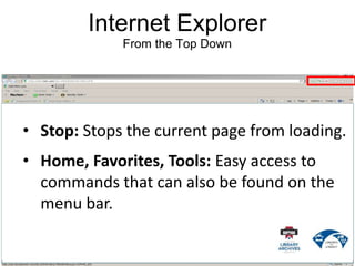 Internet Explorer
From the Top Down
• Stop: Stops the current page from loading.
• Home, Favorites, Tools: Easy access to
commands that can also be found on the
menu bar.
 