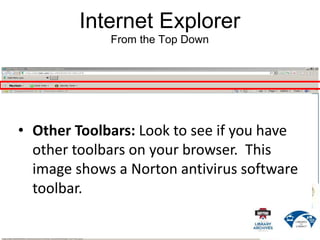 Internet Explorer
From the Top Down
• Other Toolbars: Look to see if you have
other toolbars on your browser. This
image shows a Norton antivirus software
toolbar.
 