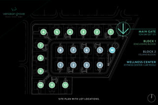 SITE PL AN WITH LOT LOCATIONS.
MAIN GATE
(ON SW 120TH
ST)
123456
7
8
9
10 11 12
5678
4321
BLOCK 2
(ISLAND BLOCK)
BLOCK 1
(ENCLOSING BLOCK)
W
WELLNESS CENTER
(FITNESS CENTER + LAP POOL)
 