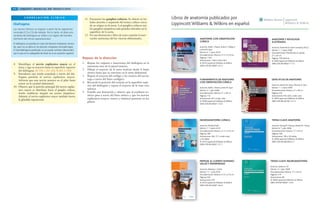 Libros de anatomía publicados por
Lippincott Williams & Wilkins en español
ANATOMÍA CON ORIENTACIÓN
CLÍNICA
Autor/es: Keith L. Moore,Arthur F. Dalley II
y Anne M.Agur
Edición: 6. ª, enero 2010
Encuadernación: Rústica. 21.3 x 27.6 cm
Páginas: 1164
Ilustraciones: 1166 a todo color
© 2010 Lippincott Williams & Wilkins
ISBN: 978-84-96921-47-4
FUNDAMENTOS DE ANATOMÍA
CON ORIENTACIÓN CLÍNICA
Autor/es: Keith L. Moore y Anne M.Agur
Edición: 3. ª, julio 2008
Encuadernación: Rústica. 21 x 28 cm
Páginas: 712
Ilustraciones: 627 a todo color
© 2008 Lippincott Williams & Wilkins
ISBN: 978-84-96921-16-0
NEUROANATOMÍA CLÍNICA
Autor/es: Richard Snell
Edición: 7. ª, enero 2010
Encuadernación: Rústica. 21.3 x 27.6 cm
Páginas: 560
Ilustraciones: 404, 311 a todo color
y 42 tablas
© 2010 Lippincott Williams & Wilkins
ISBN: 978-84-96921-51-1
MEMLER. EL CUERPO HUMANO:
SALUD Y ENFERMEDAD
Autor/es: Barbara J. Cohen
Edición: 11. ª, julio 2010
Encuadernación: Rústica. 21.3 x 27.6 cm
Páginas: 652
Ilustraciones: 470
© 2010 Lippincott Williams & Wilkins
ISBN: 978-84-96921-56-6
TEMAS CLAVE: NEUROANATOMÍA
Autor/es: James D. Fix
Edición: 4. ª, julio 2008
Encuadernación: Rústica. 17 x 24 cm
Páginas: 314
Ilustraciones: 88
© 2008 Lippincott Williams & Wilkins
ISBN: 978-84-96921-14-6
TEMAS CLAVE:ANATOMÍA
Autor/es: KyungW. Chung y Harold M. Chung
Edición: 6. ª, julio 2008
Encuadernación: Rústica. 17 x 24 cm
Páginas: 564
Ilustraciones: 189 y 30 tablas
© 2008 Lippincott Williams & Wilkins
ISBN: 978-84-965583-0-7
ANATOMÍA Y PATOLOGÍA
ILUSTRADAS
Autor/es:Anatomical Chart Company (ACC)
Edición: 1. ª, enero 2009
Encuadernación: Plastificada en espiral,
27 x 30 cm
Páginas: 100 láminas
© 2009 Lippincott Williams & Wilkins
ISBN: 978-84-96921-11-5
LWW ATLAS DE ANATOMÍA
Autor/es: PatrickW.Tank y Thomas R. Gest
Edición: 1. ª, enero 2009
Encuadernación: Rústica. 21 x 28 cm
Páginas: 447
Ilustraciones: 645, 620 a todo color
© 2009 Lippincott Williams & Wilkins
ISBN: 978-86-921921-21-4
112 GRANT. MANUAL DE DISECCIÓN
Repaso de la disección
1. Repase los orígenes e inserciones del diafragma en la
estructura ósea de la pared torácica.
2. Dibuje el trayecto de la aorta torácica desde el hiato
aórtico hasta que se convierte en la aorta abdominal.
3. Repase el trayecto del esófago y los troncos del nervio
vago a través del hiato esofágico.
4. Recuerde la posición del corazón en la superficie supe-
rior del diafragma y repase el trayecto de la vena cava
inferior.
5. Estudie una ilustración y observe que el conducto to-
rácico pasa a través del hiato aórtico y que los nervios
esplácnicos (mayor, menor y mínimo) penetran en los
pilares.
Diafragma
Los nervios frénicos se originan a partir de los segmentos
cervicales (C3 a C5) de médula. Por lo tanto, el dolor pro-
veniente del diafragma se refiere a la región del hombro
(territorio del nervio supraclavicular).
El diafragma se paraliza en casos de lesiones medulares cervica-
les, pero no se daña en las lesiones medulares cervicales bajas.
El hemidiafragma paralizado no se puede contraer (descender),
por lo que en la radiografía de tórax se ve en posición superior.
C O R R E L A C I Ó N C L Í N I C A
8. Identifique el nervio esplácnico mayor en el
tórax y siga su trayecto hasta la superficie superior
del diafragma. [G 176; L 251-253; N 267; C 253]
9. Introduzca una sonda acanalada a través del dia-
fragma paralela al nervio esplácnico mayor.
Advierta que este nervio penetra en el pilar hasta
entrar en la cavidad abdominal.
10. Observe que la porción principal del nervio esplác-
nico mayor se distribuye hacia el ganglio celíaco,
donde establecen sinapsis sus axones simpáticos.
Además, el nervio esplácnico mayor también inerva
la glándula suprarrenal.
11. Encuentre los ganglios celíacos. Se ubican en los
lados derecho e izquierdo del tronco celíaco cerca
de su origen en la aorta. Los ganglios celíacos son
los ganglios simpáticos más grandes ubicados en la
superficie de la aorta.
12. En una ilustración o libro de texto examine la iner-
vación autónoma del las vísceras abdominales.
 