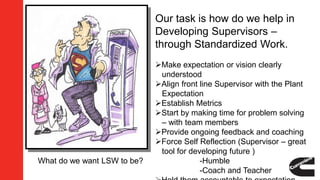 Our task is how do we help in
Developing Supervisors –
through Standardized Work.
Make expectation or vision clearly
understood
Align front line Supervisor with the Plant
Expectation
Establish Metrics
Start by making time for problem solving
– with team members
Provide ongoing feedback and coaching
Force Self Reflection (Supervisor – great
tool for developing future )
-Humble
-Coach and Teacher
What do we want LSW to be?
 