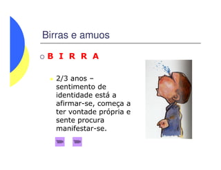 Birras e amuos
B I R R A
2/3 anos –
sentimento desentimento de
identidade está a
afirmar-se, começa a
ter vontade própria e
sente procura
manifestar-se.
 