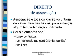 Direitos e Deveres Individuais e
Coletivos
 Associação é toda coligação voluntária
de várias pessoas físicas, para alcançar
algum fim, sob direção unificante
 Seus elementos são:
– base contratual
– permanência (ao contrário da reunião)
– fim lícito
DIREITO
de associação
 