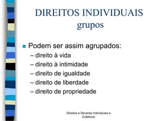 Direitos e Deveres Individuais e
Coletivos
DIREITOS INDIVIDUAIS
grupos
 Podem ser assim agrupados:
– direito à vida
– direito à intimidade
– direito de igualdade
– direito de liberdade
– direito de propriedade
 