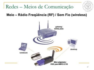17
Meio – Rádio Freqüência (RF) / Sem Fio (wireless)
Redes – Meios de Comunicação
 