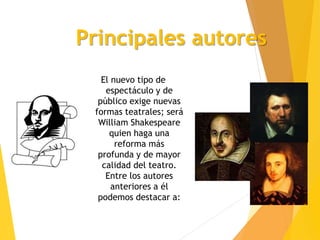 El nuevo tipo de
espectáculo y de
público exige nuevas
formas teatrales; será
William Shakespeare
quien haga una
reforma más
profunda y de mayor
calidad del teatro.
Entre los autores
anteriores a él
podemos destacar a:
Principales autores
 