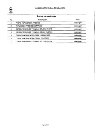 GOBIERNO PROVINCIAL DE IMBABURA
índice de archivos
No. Descripción Link
1 ANEXO REAJUSTE DE PRECIOS descargar
2 ANÁLISIS DE PRECIOS UNITARIOS descargar
3 ESPECIFICACIONES TÉCNICAS DEL PROYECTO descargar
4 ESPECIFICACIONES TÉCNICAS DE LOS RUBROS descargar
5 CONDICIONES GENERALES DE LOS PLIEGOS descargar
6 CONDICIONES GENERALES DEL CONTRATO descargar
7 CONDICIONES PARTICULARES DEL CONTRATO descargar
Página 18/18
 