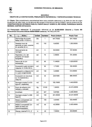GOBIERNO PROVINCIAL DE IMBABURA
SECCIÓN II
OBJETO DE LA CONTRATACIÓN, PRESUPUESTO REFERENCIAL Y ESPECIFICACIONES TÉCNICAS
2.1 Objeto: Este procedimiento precontractual tiene como propósito seleccionar a la oferta de obra de origen
ecuatoriano de mejor costo, en los términos del numeral 18 del artículo 6 de la LOSNCP, para la construcción de:
CONSTRUCCIÓN DE ESTRIBOS PARA EL PUENTE BAILEY SOBRE EL RÍO VERDE, PARROQUIA GARCÍA
MORENO, CANTÓN COTACACHL
2.2 Presupuesto referencia!: El presupuesto referencial es de 64.950,65000 (Sesenta y Cuatro Mil
Novecientos Cincuenta dólares 65000/100000 centavos), NO INCLUYE IVA.
No,
1
2
3
4
5
6
7
8
9
10
11
12
13
14
15
* "" ,,,, Rubro '' ' *
Desmontaje de puente
Bailey (4.60x1 5.00 m.)
Desalojo muro de
gaviones (a mano, acarreo
en carretilla 30 m.)
Derrocamiento de
hormigón
Replanteo y niv. del
proyecto con equipo
topográfico
Desvío de río con
excavadora
Excavación suelo normal a
maquina; h= 0.00-2.00 m.
Excavación a máquina 0-2
m. suelo conglomerado
Excavación en roca dura
(p. río) explosivos y
máquina
Hormigón simple fc=210
Kg/cm2. (replantillo)
Acero de refuerzo,cort,
doblado y colocado
Encofrado
Hormigón simple f'c=280
Kg/cm2.
Relleno compactado con
vibrocompactador
Relleno compactado con
lastre (a mano con
vibrocompactador)
Drenes, tuberíaP.V.C. 4"
Unidad/;
Glb
m3
m3
m2
m3
m3
m3
m3
m3
Kg
m2
m3
m3
m3
m
Cantidad
1
150
5
70
90
95
150
30
8
12100
327
120
100
60
40
Precio Unitario
547,74000
8,42000
39,53000
2,59000
11,44000
1,71000
3,43000
29,61000
180,70000
1,94000
6,87000
201,93000
5,02000
40,09000
7,59000
Precio Total
547,74000
1.263,00000
197,65000
181,30000
1.029,60000
162,45000
514,50000
888,30000
1.445,60000
23.474,00000
2.246,49000
24.231,60000
502,00000
2.405,40000
303,60000
Página 6/18
 