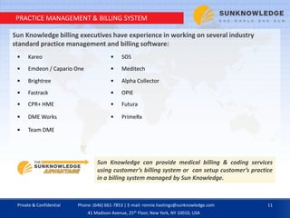 PRACTICE MANAGEMENT & BILLING SYSTEM
Sun Knowledge billing executives have experience in working on several industry
standard practice management and billing software:
Sun Knowledge can provide medical billing & coding services
using customer’s billing system or can setup customer’s practice
in a billing system managed by Sun Knowledge.
 Kareo  SOS
 Emdeon / Capario One  Meditech
 Brightree  Alpha Collector
 Fastrack  OPIE
 CPR+ HME  Futura
 DME Works  PrimeRx
 Team DME
Private & Confidential 11Phone: (646) 661-7853 | E-mail: ronnie.hastings@sunknowledge.com
41 Madison Avenue, 25th Floor, New York, NY 10010, USA
 
