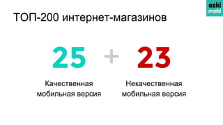 ТОП-200 интернет-магазинов
Качественная
мобильная версия
2325
Некачественная
мобильная версия
+
 