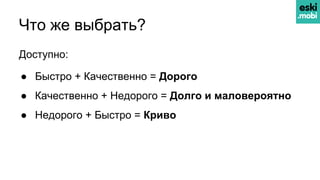 Что же выбрать?
Доступно:
● Быстро + Качественно = Дорого
● Качественно + Недорого = Долго и маловероятно
● Недорого + Быстро = Криво
 