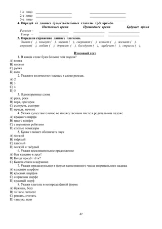 1-е лицо
2-е лицо
3-е лицо
4. Образуй

______________________
______________________
______________________
______________________
______________________
______________________
от данных существительных глаголы трёх времён.
Настоящее время
Прошедшее время
Будущее время
Рассказ –
__________________
___________________ ___________________
Говор –
__________________
___________________ ___________________
5. Определи спряжение данных глаголов.
Знают ( ), плывут ( ), звенят ( ), сверкают ( ), копает ( ), желает ( ),
строит( ), любят ( ), держат ( ), беседуют ( ), щебечет ( ), стригли ( ).
Итоговый тест
1. В каком слове букв больше чем звуков?
А) книга
В) письмо
С) ручка
D) юла
2. Укажите количество гласных в слове рюкзак.
А) 2
В) 3
С) 4
D) 5
3. Однокоренные слова
А) река, реки
В) гора, пригорок
С) смотреть, смотрит
D) печаль, печник
4. Укажи существительное во множественном числе в родительном падеже
А) красного шарфа
В) много конфет
С) с шумными ребятами
D) спелые помидоры
5. Буква ч может обозначать звук
А) мягкий
В) твёрдый
С) гласный
D) мягкий и твёрдый
6. Укажи восклицательное предложение
А) Как красиво в лесу!
В) Когда придёт тётя?
С) Котята спали в корзинке.
7. Укажи прилагательное в форме единственного числа творительного падежа
А) красным шарфом
В) красных шарфов
С) о красном шарфе
D) красный шарф
8. Укажи глаголы в неопределённой форме
А) бежишь, бегу
В) читаем, читаете
С) решать, считать
D) танцую, пою

27

 