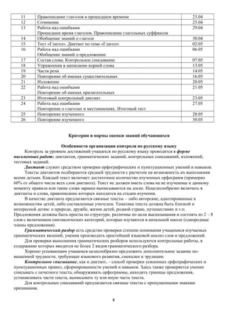 11
12
13
14
15
16
17
18
19
20
21
22
23
24
25
26

Правописание глаголов в прошедшем времени
Сочинение
Работа над ошибками
Прошедшее время глаголов. Правописание глагольных суффиксов
Обобщение знаний о глаголе
Тест «Глагол». Диктант по теме «Глагол»
Работа над ошибками
Обобщение знаний о предложении
Состав слова. Контрольное списывание
Упражнения в написании корней слова
Части речи
Повторение об именах существительных
Изложение
Работа над ошибками
Повторение об именах прилагательных
Итоговый контрольный диктант
Работа над ошибками
Повторение о глаголах и местоимениях. Итоговый тест
Повторение изученного
Повторение изученного

23.04
25.04
29.04
30.04
02.05
06.05
07.05
13.05
14.05
16.05
20.05
21.05
23.05
27.05
28.05
30.05

Критерии и нормы оценки знаний обучающихся
Особенности организации контроля по русскому языку
Контроль за уровнем достижений учащихся по русскому языку проводится в форме
письменных работ: диктантов, грамматических заданий, контрольных списываний, изложений,
тестовых заданий.
Диктант служит средством проверки орфографических и пунктуационных умений и навыков.
Тексты диктантов подбираются средней трудности с расчетом на возможность их выполнения
всеми детьми. Каждый текст включает достаточное количество изученных орфограмм (примерно
60% от общего числа всех слов диктанта). Текст не должен иметь слова на не изученные к данному
моменту правила или такие слова заранее выписываются на доске. Нецелесообразно включать в
диктанты и слова, правописание которых находится на стадии изучения.
В качестве диктанта предлагаются связные тексты – либо авторские, адаптированные к
возможностям детей, либо составленные учителем. Тематика текста должна быть близкой и
интересной детям: о природе, дружбе, жизни детей, родной стране, путешествиях и т.п.
Предложения должны быть просты по структуре, различны по цели высказывания и состоять из 2 – 8
слов с включением синтаксических категорий, которые изучаются в начальной школе (однородные
члены предложения).
Грамматический разбор есть средство проверки степени понимания учащимися изучаемых
грамматических явлений, умения производить простейший языковой анализ слов и предложений.
Для проверки выполнения грамматических разборов используются контрольные работы, в
содержание которых вводится не более 2 видов грамматического разбора.
Хорошо успевающим учащимся целесообразно предложить дополнительное задание повышенной трудности, требующее языкового развития, смекалки и эрудиции.
Контрольное списывание, как и диктант, – способ проверки усвоенных орфографических и
пунктуационных правил, сформированности умений и навыков. Здесь также проверяется умение
списывать с печатного текста, обнаруживать орфограммы, находить границы предложения,
устанавливать части текста, выписывать ту или иную часть текста.
Для контрольных списываний предлагаются связные тексты с пропущенными знаками
препинания.
8

 