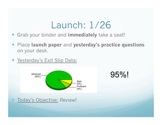 Launch: 1/26
  Grab your binder and immediately take a seat!
  Place launch paper and yesterday’s practice questions
  on your desk.
  Yesterday’s Exit Slip Data:

                                         95%!

  Today’s Objective: Review!
 