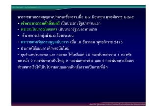 ประวัติศาสตร  กรุงรัตนโกสินทร ร.7


      พระราชทานธรรมนูญการปกครองชั่วคราว เมื่อ ๒๗ มิถุนายน พุทธศักราช ๒๔๗๕
      - เจาพระยาธรรมศักดิ์มนตรี เปนประธานรัฐสภาทานแรก
      - พระยามโนปกรณนิติธาดา เปนนายกรัฐมนตรีทานแรก
      - ขาราชการเลิกนุงผามวง โจงกระเบน
      - พระราชทานรัฐธรรมนูญฉบับถาวร เมื่อ 10 ธันวาคม พุทธศักราช 2475
      - ประกาศใชแผนการศึกษาฉบับใหม
      - ยุบตําแหนงนายพล และ กองพล ใหเหลือแค 18 กองพันทหารราบ 4 กองพัน
      ทหารมา 2 กองพันทหารปนใหญ 2 กองพันทหารชาง และ 2 กองพันทหารสื่อสาร
      สวนทหารเรือใหเปนไปตามแบบแผนเดิมเนื่องจากเปนกรมที่เล็ก




                                                พัฒนาโดย ผูชวยศาสตราจารยกนก จันทรทอง โรงเรียนสาธิตมหาวิทยาลัยสงขลานครินทร
 