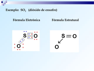 Exemplo: SO2 (dióxido de enxofre)


    Fórmula Eletrônica       Fórmula Estrutural
 