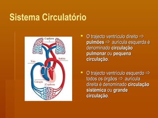 Sistema Circulatório
 O trajecto ventrículo direitoO trajecto ventrículo direito 
pulmõespulmões  aurícula esquerda éaurícula esquerda é
denominadodenominado circulaçãocirculação
pulmonarpulmonar ouou pequenapequena
circulaçãocirculação..
 O trajecto ventrículo esquerdoO trajecto ventrículo esquerdo 
todos os órgãostodos os órgãos  aurículaaurícula
direita é denominadodireita é denominado circulaçãocirculação
sistémicasistémica ouou grandegrande
circulaçãocirculação..
 