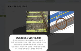 PROBLEM DEFINITIONFIELD RESEARCHDESK RESEARCH
▶ 4-5. 블루 프린트 (청사진)
04
SUGGESTION
안녕 경춘(걷고싶은 거리 조성)
: 철길의 아이덴티티를 살리며 주민들이 계속 걷고
싶은 거리로 만들기 위해, 기존 경춘선 철길을 기리며
진행된 안녕 경춘프로젝트를 선로 산책길에
삽입하였다. 기존에 1차 완공된 지역은 안녕 경춘을,
2차 지역은 공모를 받아 진행할 계획이다.
 