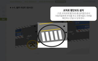 PROBLEM DEFINITIONFIELD RESEARCHDESK RESEARCH
▶ 4-5. 블루 프린트 (청사진)
04
SUGGESTION
교차로 횡단보도 설치
:기존 교차로에 횡단보도를 설치함으로서
자동차들에게 주의를 주고 보행자들도 주변을
확인하고 건널 수 있게 한다.
 