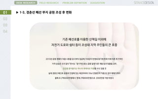 ▶ 1-3. 경춘선 폐선 부지 공원 조성 후 변화01
DESK RESEARCH FIELD RESEARCH PROBLEM DEFINITION SUGGESTION
2010년 공원 계획이 처음 나왔을 당시부터 집값에 기대감이 반영돼 왔기에 현재 이에 따른 추가적인
가격 상승은 크지 않다”면서도 “장기적으로는 공릉 일대 다른 개발 등과 맞물릴 경우,
집값을 끌어올리는 하나의 촉매제로 작용할 수도 있을 것
실제 경춘선 폐선로 공원과 인접해 있는 태강아파트 59㎡(전용면적 기준)의 경우 매매가격이
올해 초 2억6000만원에서 현재 2억8000만원으로 2000만원 가량 뛰었다
기존 폐선로를 이용한 산책길 이외에
자전거 도로와 쉼터 등이 조성돼 지역 주민들의 큰 호응
 