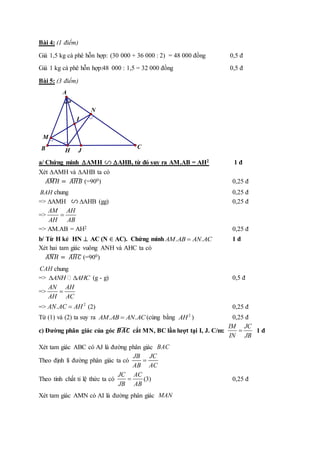 Bài 4: (1 điểm)
Giá 1,5 kg cà phê hỗn hợp: (30 000 + 36 000 : 2) = 48 000 đồng 0,5 đ
Giá 1 kg cà phê hỗn hợp:48 000 : 1,5 = 32 000 đồng 0,5 đ
Bài 5: (3 điểm)
a/ Chứng minh AMH AHB, từ đó suy ra AM.AB = AH2 1 đ
Xét AMH và AHB ta có
𝐴𝑀𝐻
̂ = 𝐴𝐻𝐵
̂ (=900) 0,25 đ
BAH chung 0,25 đ
=> ∆AMH ∆AHB (gg) 0,25 đ
=>
AM AH
AH AB

=> AM.AB = AH2 0,25 đ
b/ Từ H kẻ HN  AC (N ∈ AC). Chứng minh . .
AM AB AN AC
 1 đ
Xét hai tam giác vuông ANH và AHC ta có
𝐴𝑁𝐻
̂ = 𝐴𝐻𝐶
̂ (=900)
CAH chung
=> ANH AHC
  (g - g) 0,5 đ
=>
AN AH
AH AC

=> 2
.
AN AC AH
 (2) 0,25 đ
Từ (1) và (2) ta suy ra . .
AM AB AN AC
 (cùng bằng 2
AH ) 0,25 đ
c) Đường phân giác của góc 𝑩𝑨𝑪
̂ cắt MN, BC lần lượt tại I, J. C/m:
IM JC
IN JB
 1 đ
Xét tam giác ABC có AJ là đường phân giác BAC
Theo định lí đường phân giác ta có
JB JC
AB AC

Theo tính chất tỉ lệ thức ta có
JC AC
JB AB
 (3) 0,25 đ
Xét tam giác AMN có AI là đường phân giác MAN
I
A
B C
M
H
N
J
 