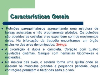 Características Gerais
 Pulmões parequimatosos apresentando uma estrutura de
bolsas achatadas e não propriamente alvéolos. Os pulmões
são aderidos as costelas e se expandem com os movimentos
delas. Na bifurcação da traquéia encontramos um órgão
exclusivo das aves denominados: Siringe.
 A circulação é dupla e completa. Coração com quatro
cavidades distintas. Sangue com hemácias biconvexas e
nucleadas.
 Na maioria das aves, o esterno forma uma quilha onde se
inserem os músculos grandes e pequenos peitorais, cujas
contrações permitem o bater das asas e o vôo.
 