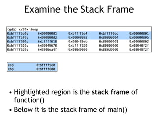 Examine the Stack Frame
• Highlighted region is the stack frame of
function()
• Below it is the stack frame of main()
 