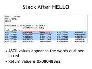 Stack After HELLO
• ASCII values appear in the words outlined
in red
• Return value is 0x080488e2
 
