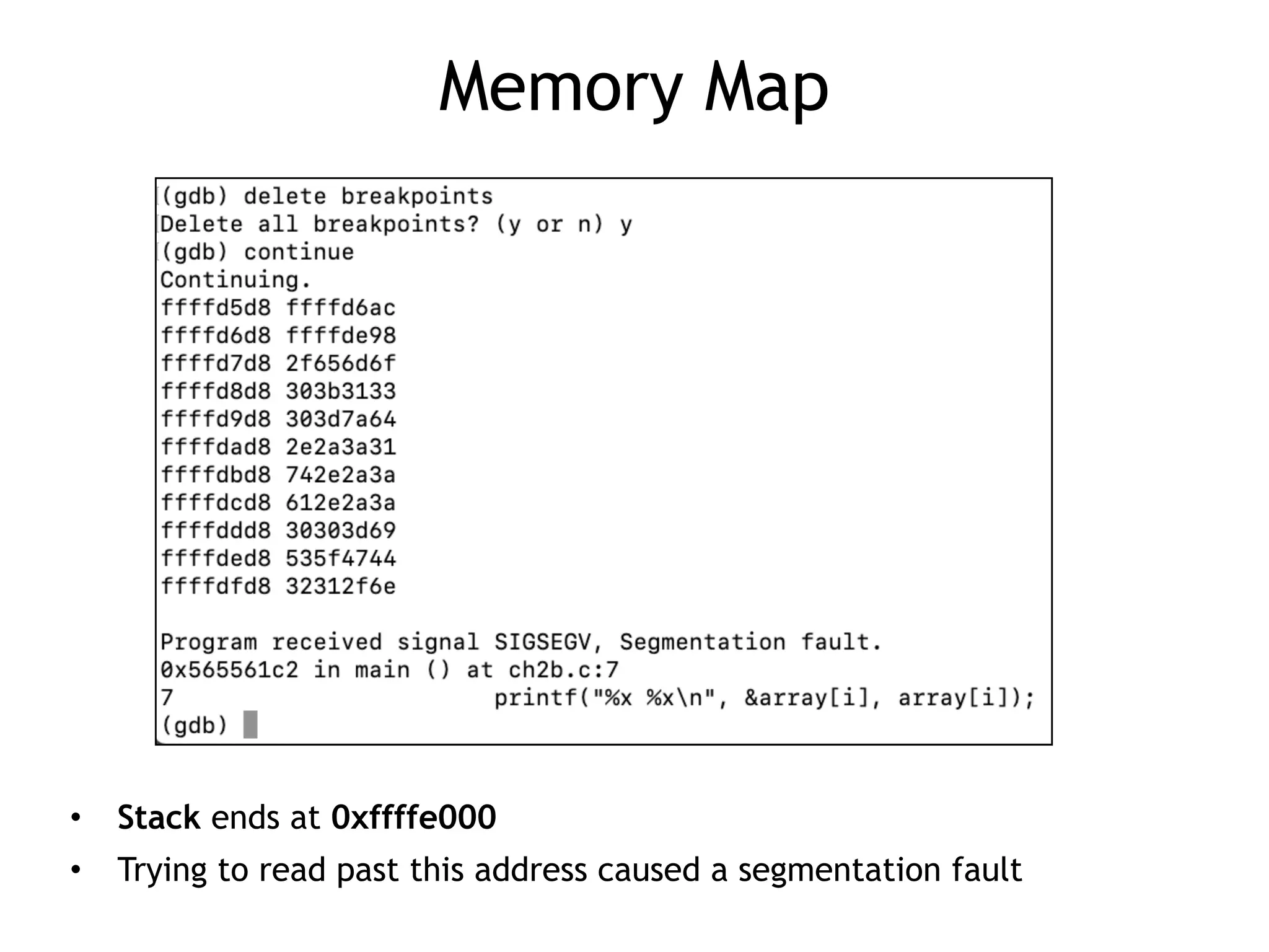 Memory Map
• Stack ends at 0xffffe000


• Trying to read past this address caused a segmentation fault
 