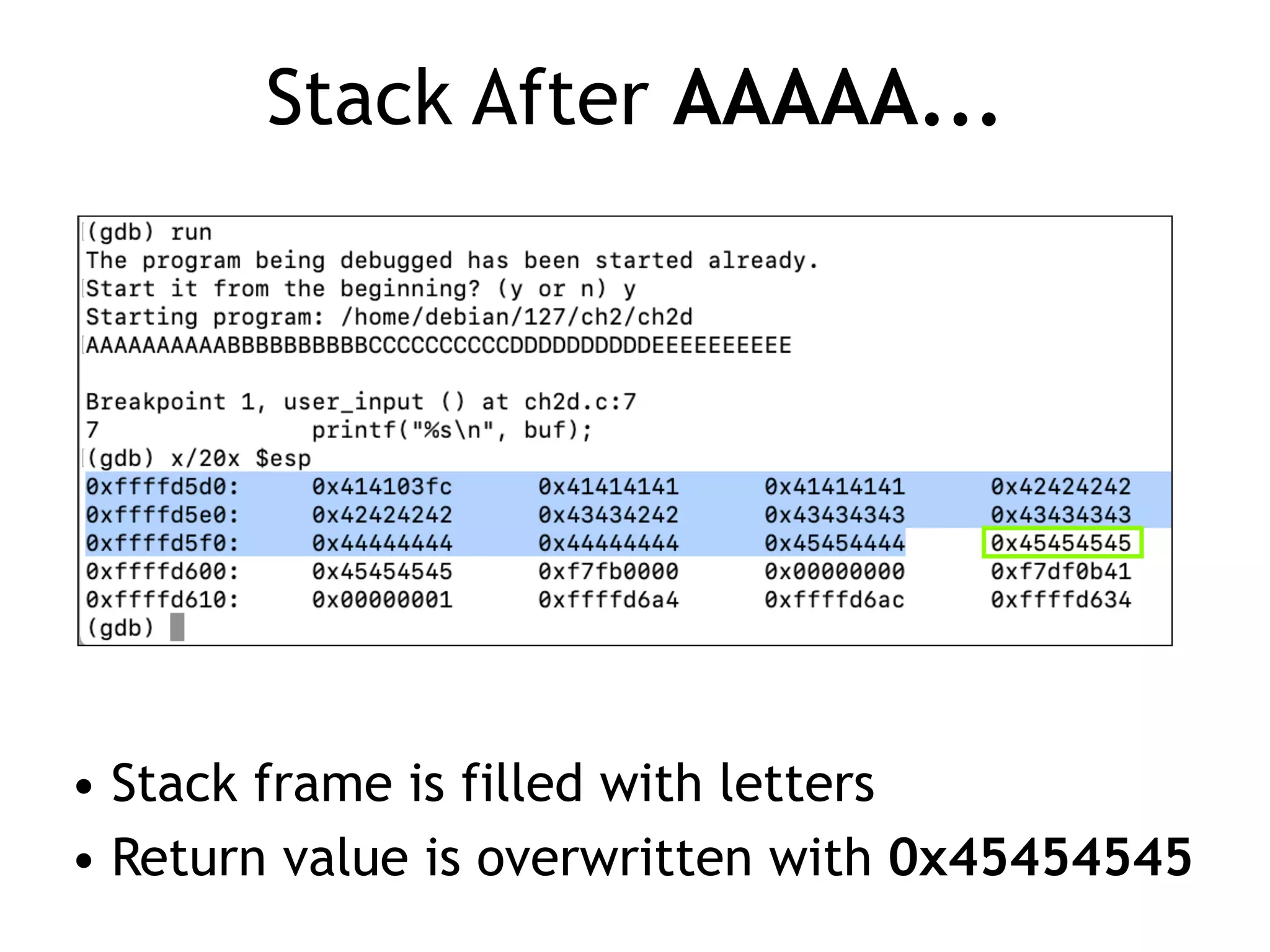 Stack After AAAAA...
• Stack frame is filled with letters


• Return value is overwritten with 0x45454545
 