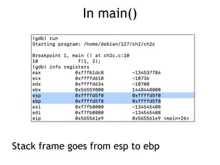In main()
Stack frame goes from esp to ebp
 