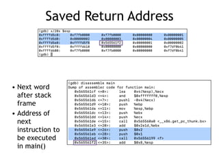 Saved Return Address
• Next word
after stack
frame


• Address of
next
instruction to
be executed
in main()
 