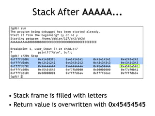 Stack After AAAAA...
• Stack frame is filled with letters


• Return value is overwritten with 0x45454545
 