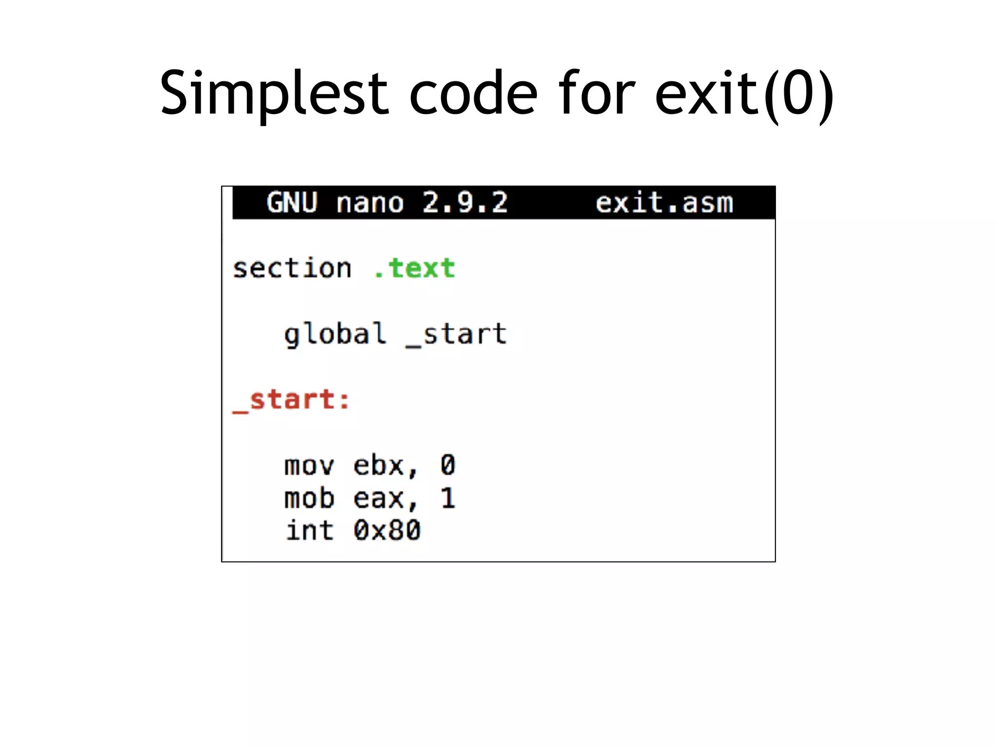 Simplest code for exit(0)
 