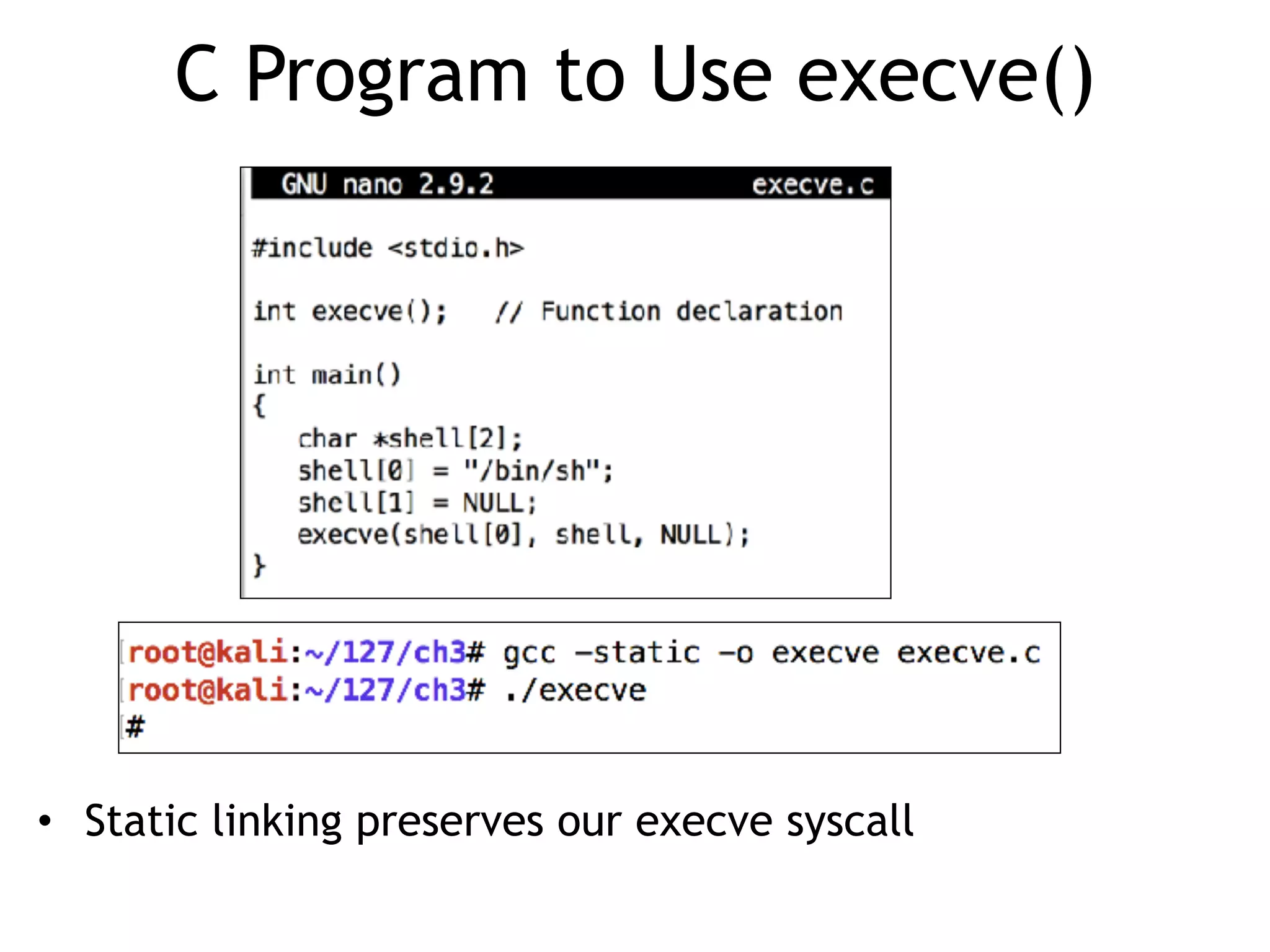 C Program to Use execve()
• Static linking preserves our execve syscall
 