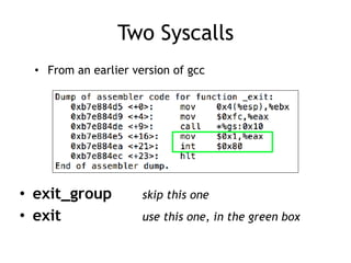 Two Syscalls
• exit_group skip this one
• exit use this one, in the green box
• From an earlier version of gcc
 