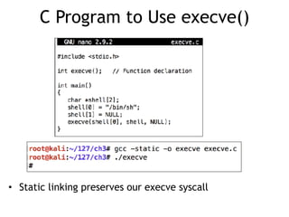 C Program to Use execve()
• Static linking preserves our execve syscall
 