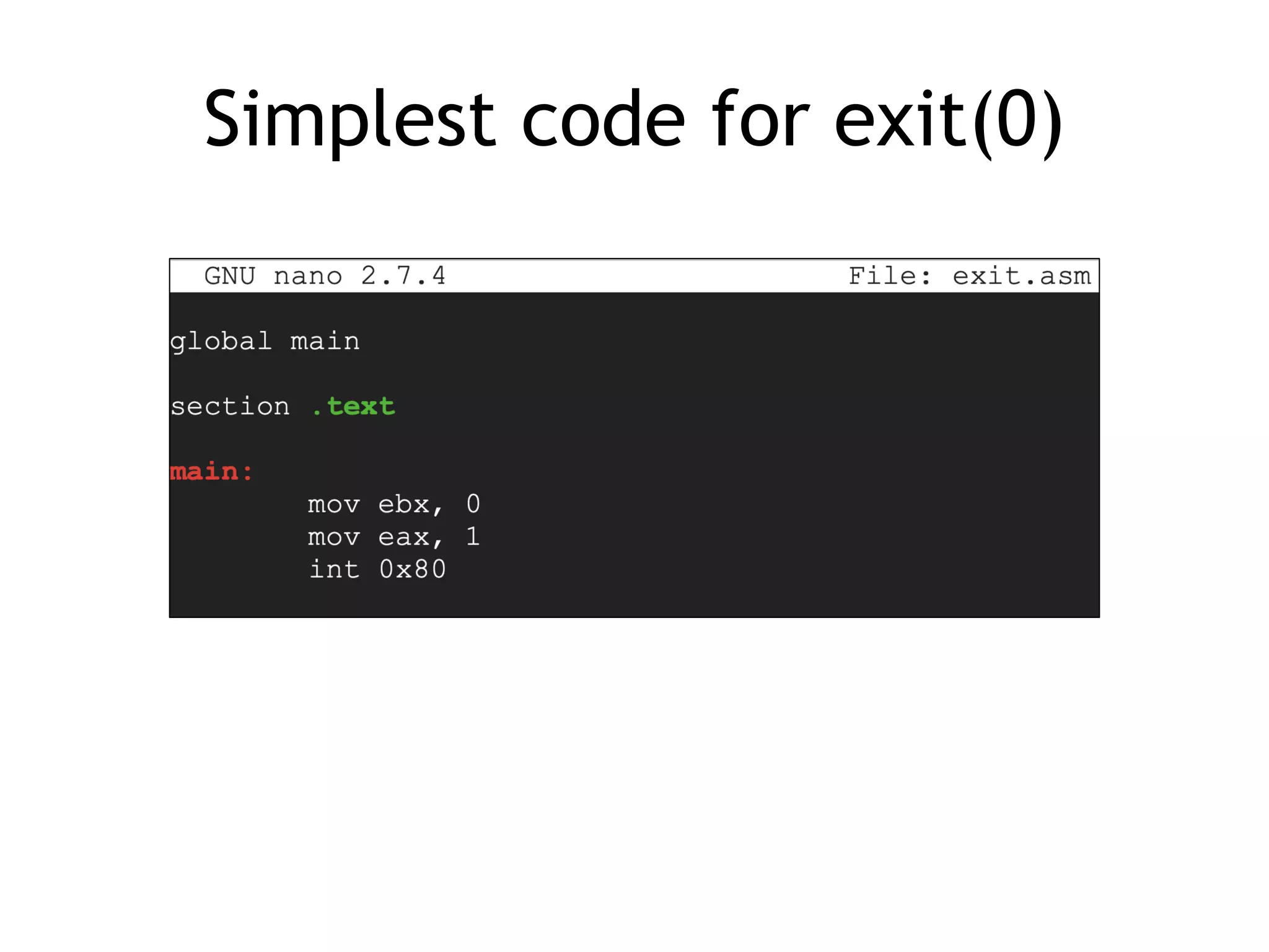 Simplest code for exit(0)
 