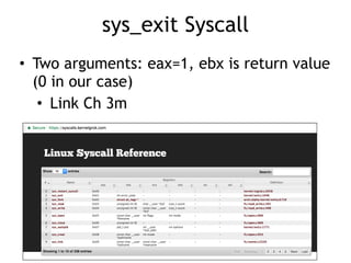 sys_exit Syscall
• Two arguments: eax=1, ebx is return value
(0 in our case)


• Link Ch 3m
 