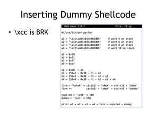 Inserting Dummy Shellcode
• xcc is BRK
 