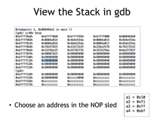 View the Stack in gdb
• Choose an address in the NOP sled
 