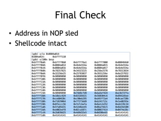 Final Check
• Address in NOP sled
• Shellcode intact
 